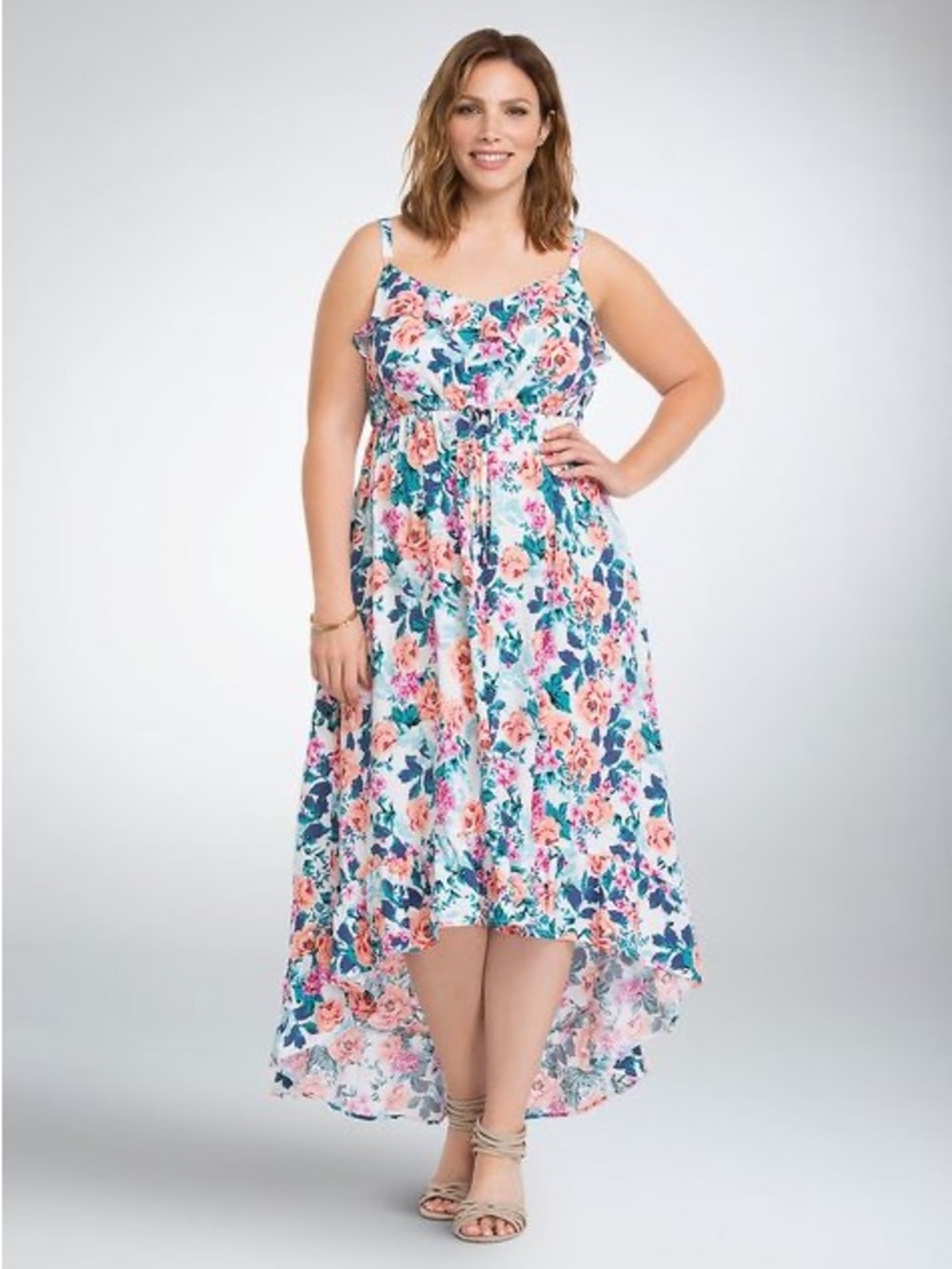 torrid Floral Asymmetrical High-Low Maxi Dress in Blue and Pink